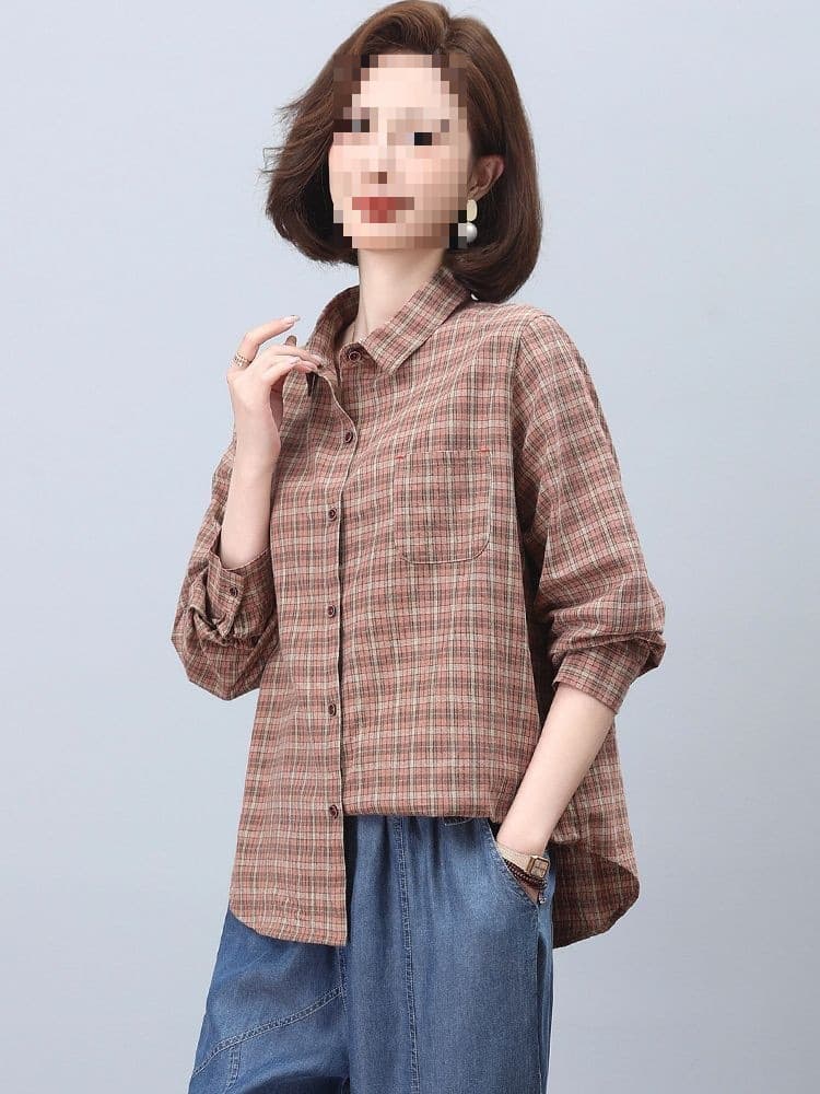 Cotton Plaid Shirt Women New Style Autumn Loose Slimming Blouse Early Autumn Elegant Top Mom Shirt