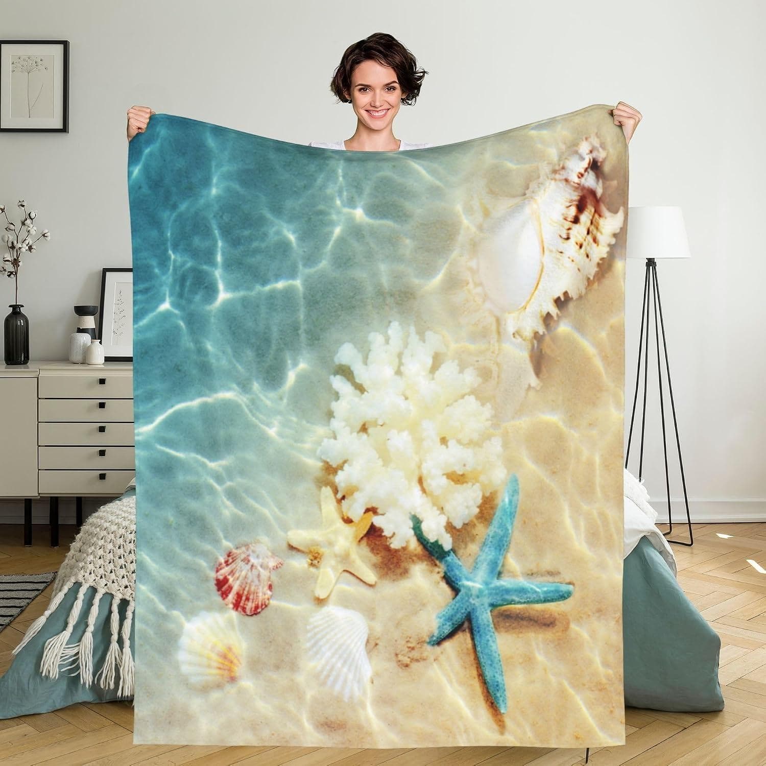 Ocean Shell Beach Theme Warm Portable Throw Blanket for Bedroom Sofa Office