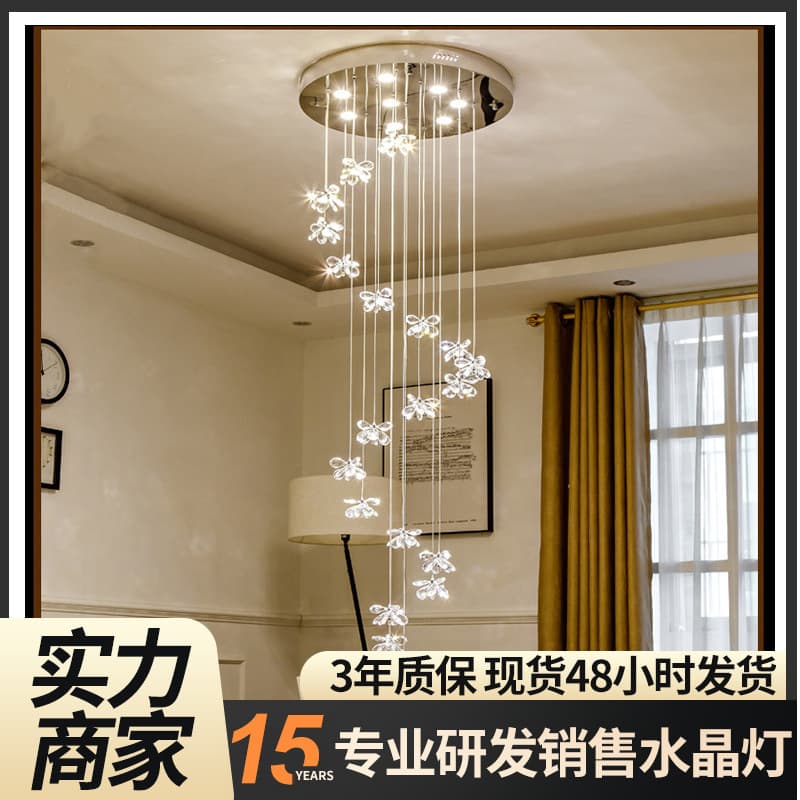 Spiral Staircase Chandelier Crystal Building Mid-floor Living Room Staircase Light Modern Home LED Main Light Vintage Style
