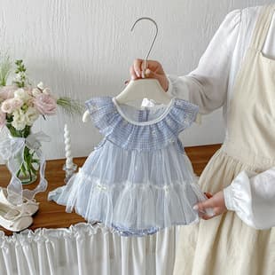 Dianxi Newborn Summer New Bow Embroidered Baby Doll Collar Vest Bodysuit Baby Girl Mesh Plaid Romper