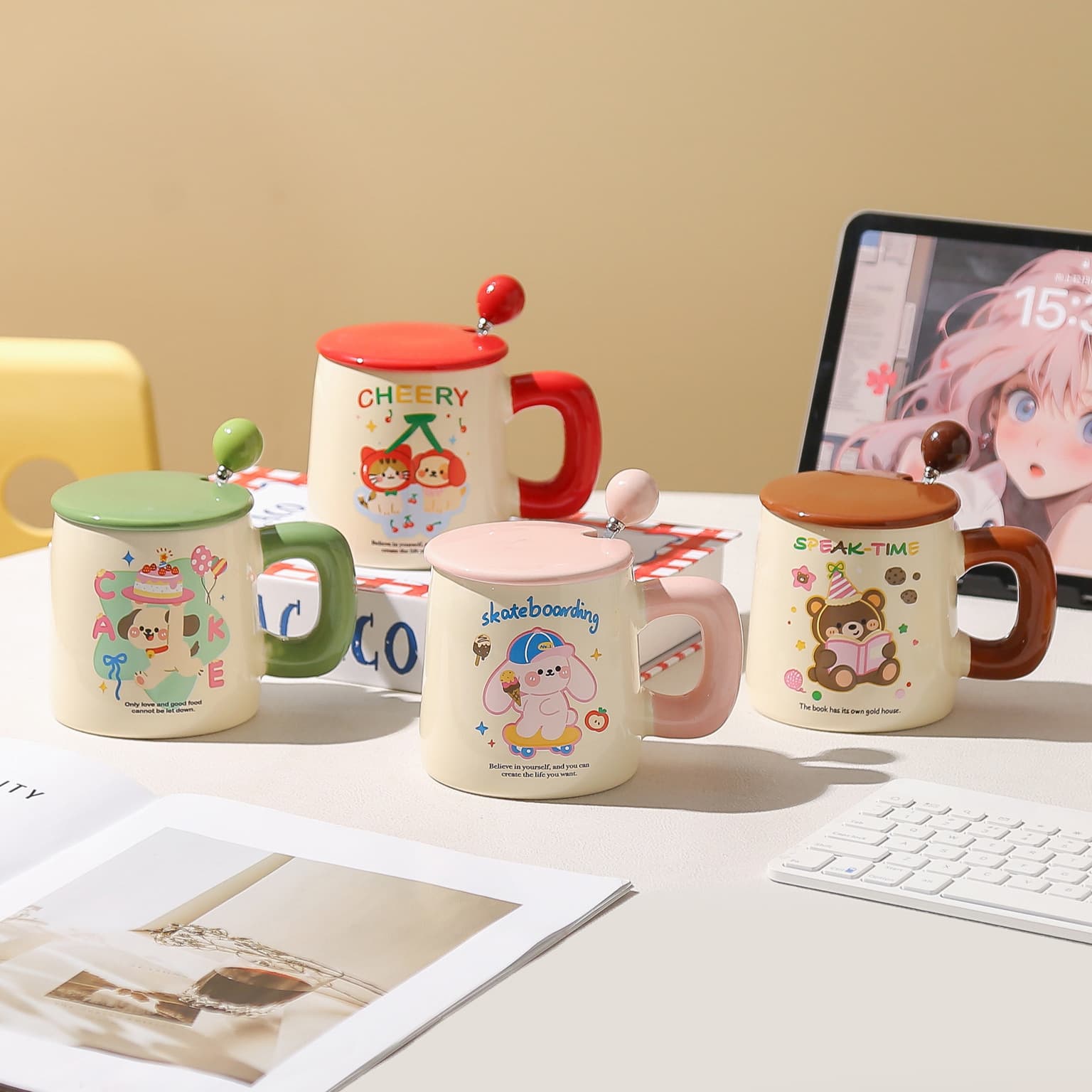 Cute animal mug for home cartoon couple breakfast coffee cup with lid ceramic cup for good-looking girls to drink water
