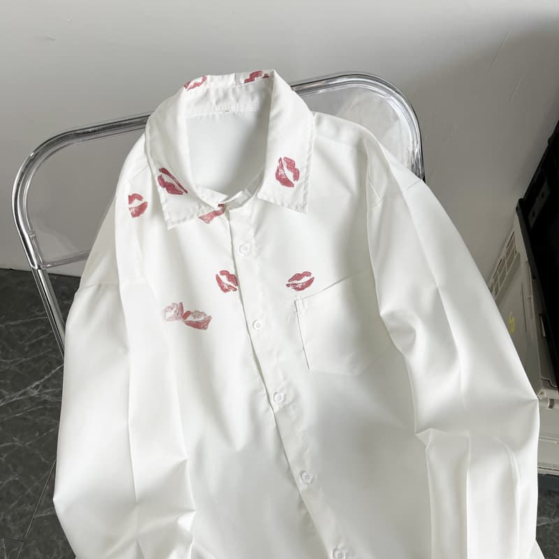 Cool Trend Shirt for Men, Long Sleeve Hong Kong Style BF Trend Lip Print Shirt, Autumn Thin Loose Casual Inner Layering Top