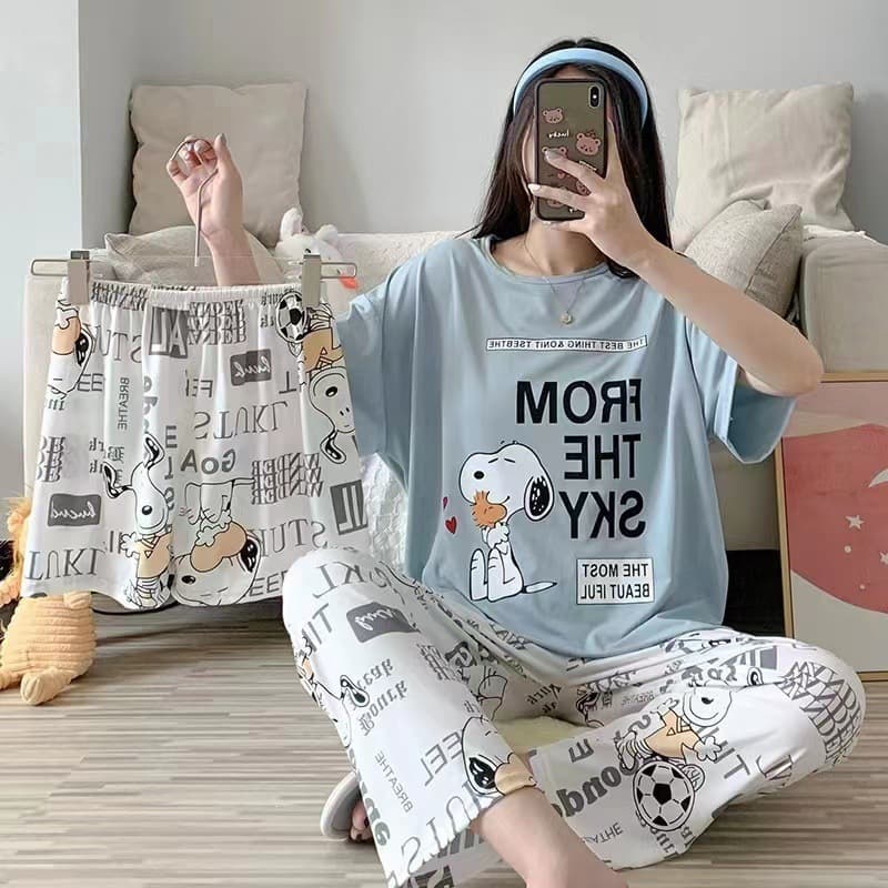 Women's New Style Pajamas, Summer Short-Sleeve Loose Plus Size Cartoon 3-Piece Set, Student Pants, Sweet Ladies Loungewear