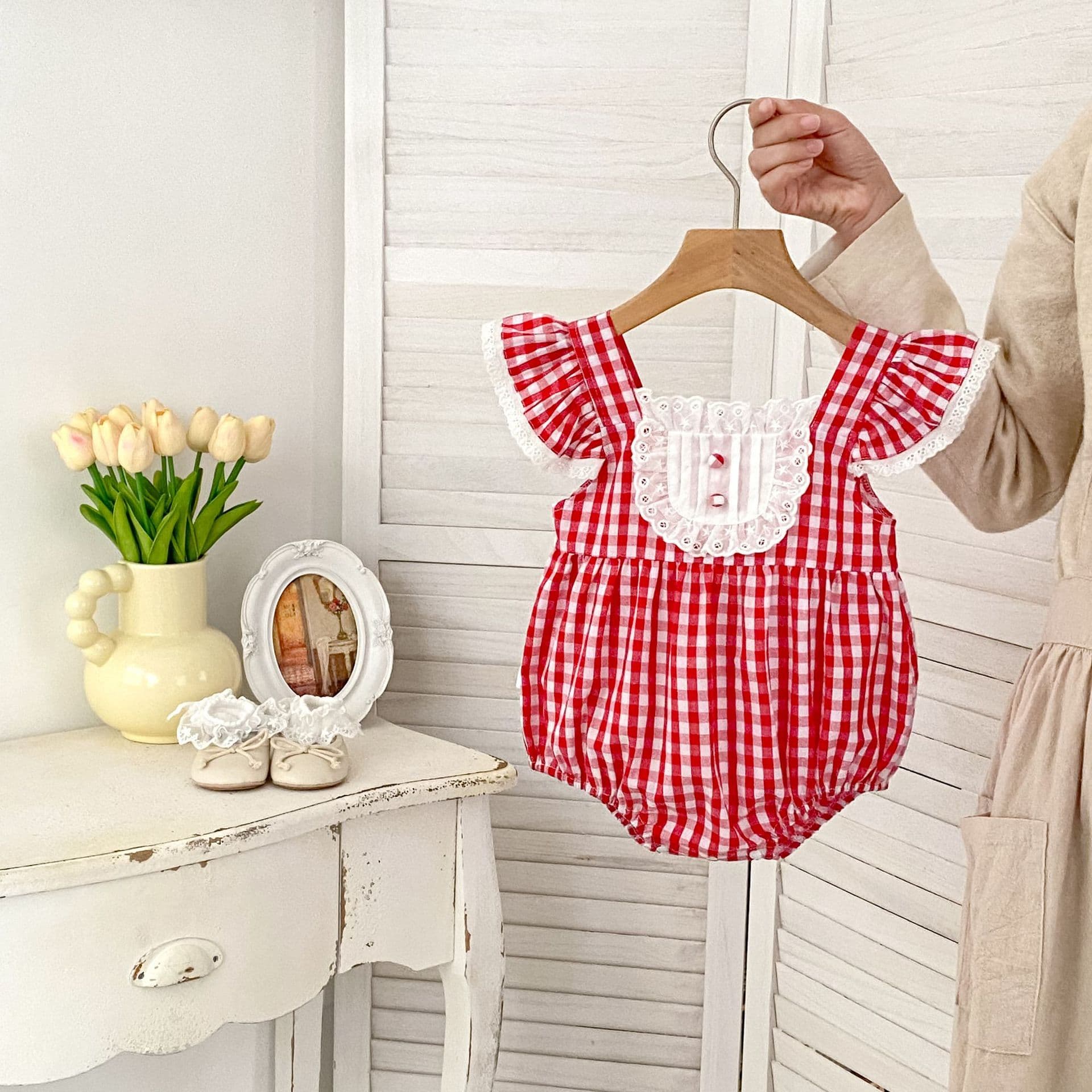 Summer Korean-style Baby Girl Romper 1-3 Years, Gingham Lace Small Flutter Sleeve Sweet Outfit Crawling Bodysuit