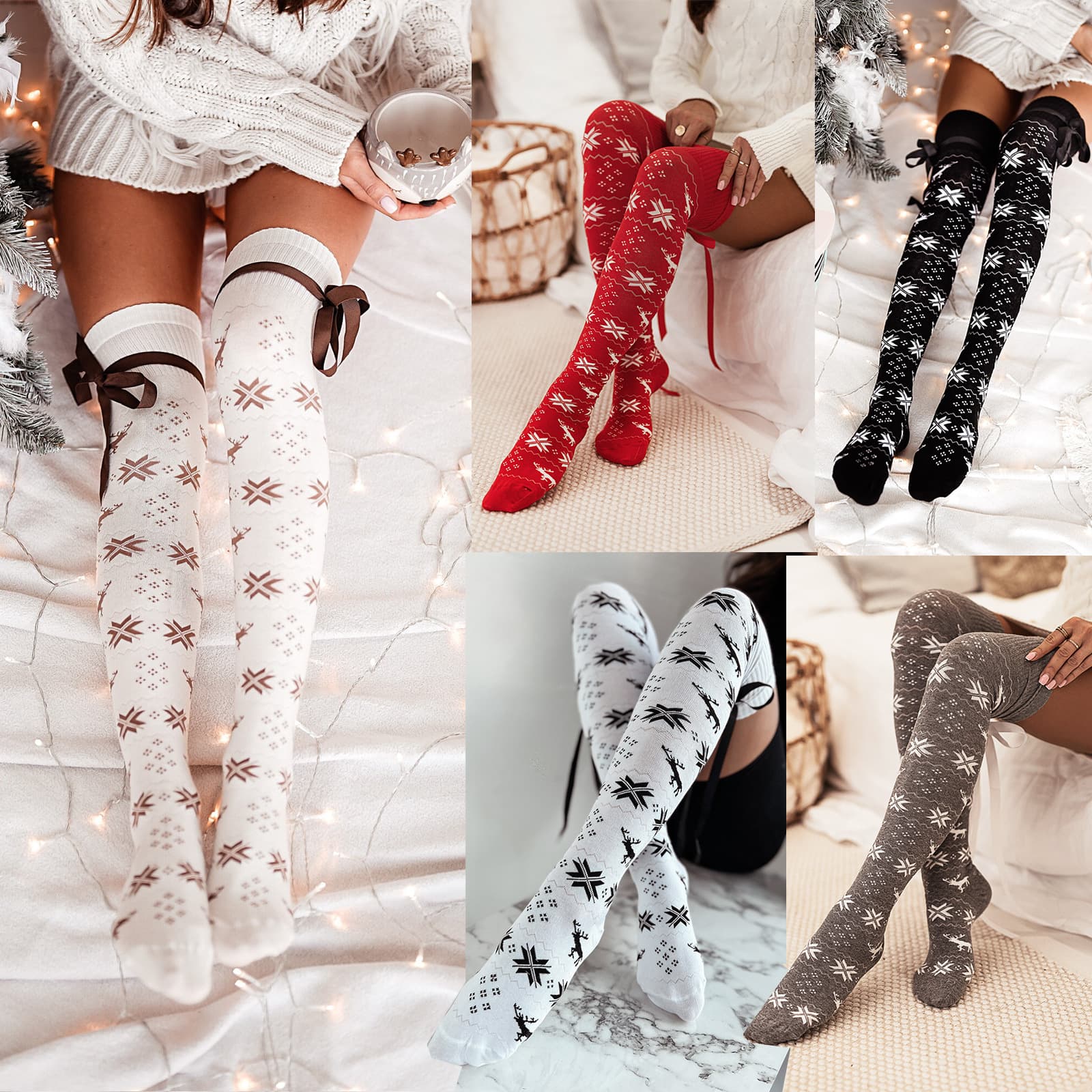 Christmas Multi-Color Bow Knot Long Leg Socks Over Knee Warm Casual Sweet Polyester Fabric Socks for Autumn Winter SU3683