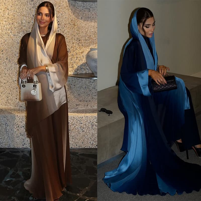MQ294 Modest Cross-Border New Chiffon Gradient Print Contrast Satin Fabric Two-Piece Set with Headscarf