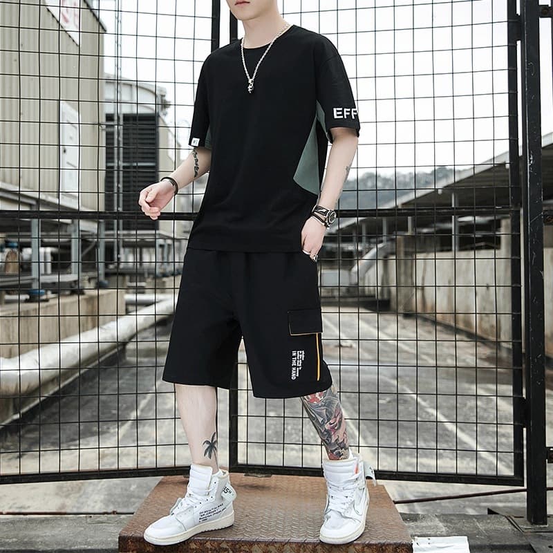 Summer Pure Cotton Men's Casual Suit Trendy New Style Round Neck Short-Sleeve T-Shirt and Five-Point Shorts Student Two-Piece Set No Matching Needed