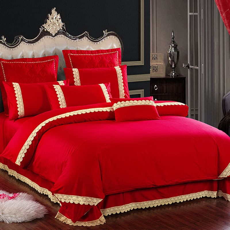 Simple Wedding Bedding 4-Piece Set, Red Duvet Cover, Fitted Sheet, Bed Skirt, Bridal Dowry