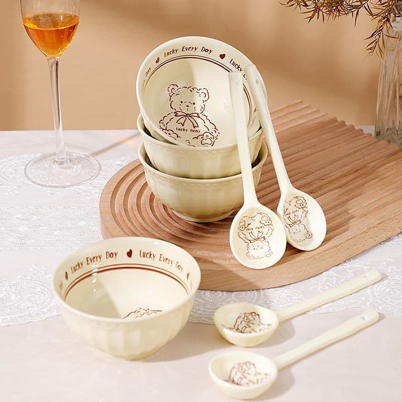 Extra Beautiful Yogurt Bowl Ceramic Rice Bowl Set for Dormitory Students, Cute Cream Style Tableware