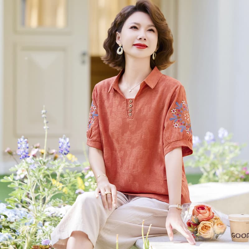 Mother's Summer Short-Sleeve Lapel Shirt, New Style for Middle-Aged and Elderly Women, Embroidered, Tummy-Hiding, Slimming Casual Cotton-Linen Two-Piece Set