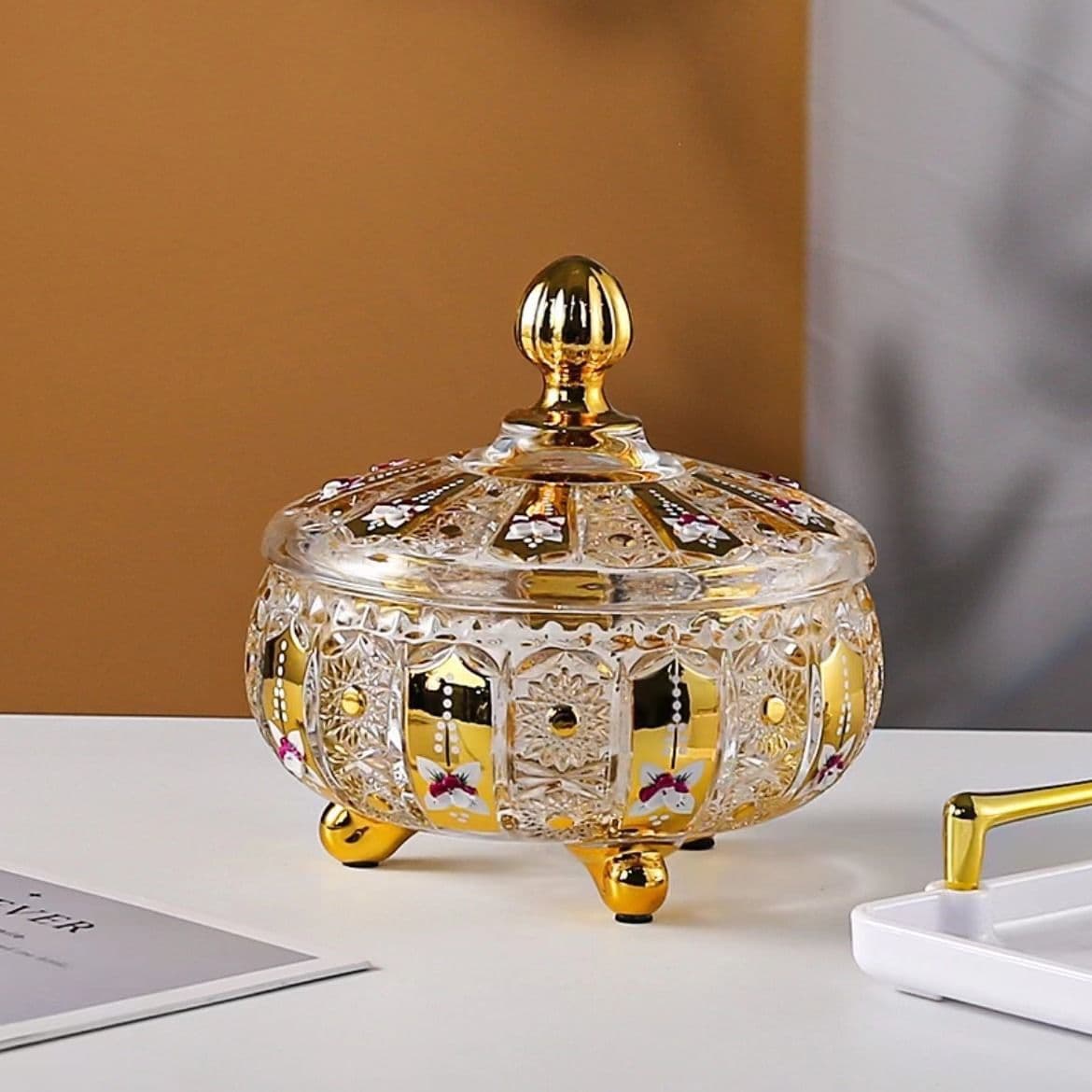 European Light Luxury Enamel Flower Covered Candy Jar Snack Storage Canister Glass Fruit Plate Fruit Bowl Living Room Decoration