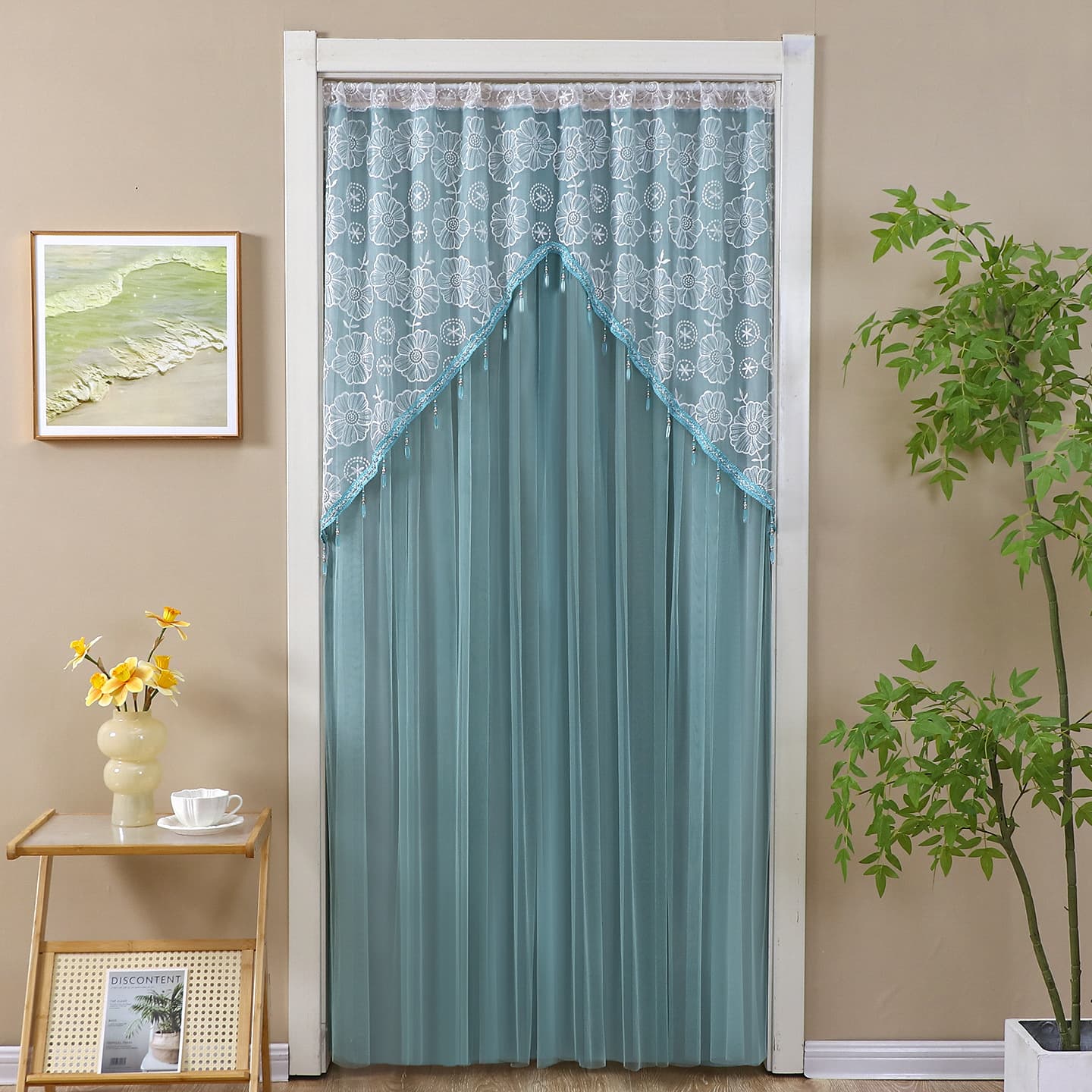 Lace Mosquito Net Door Curtain with Heavy Tassel Pendants, Bedroom Room Divider Privacy Half Curtain, No-Drilling Installation, Triangle Curtain