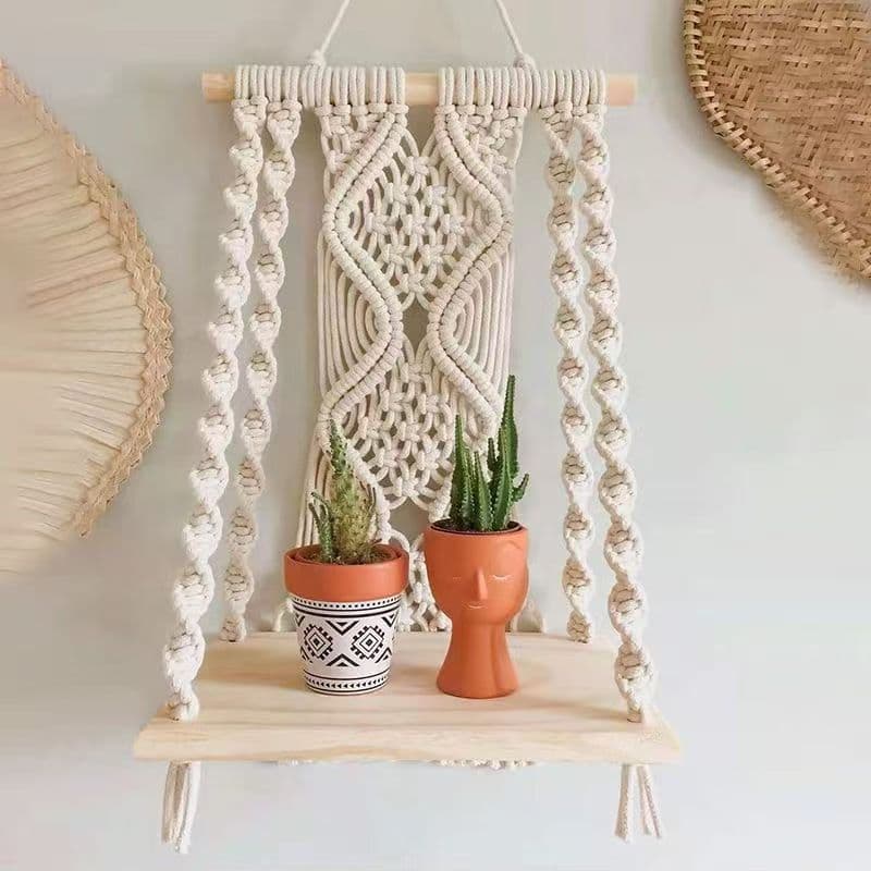 Bohemian Cotton Rope Woven Wall Hanging Shelf Handmade Tapestry Decoration Creative Wall Storage for Living Room Bedroom