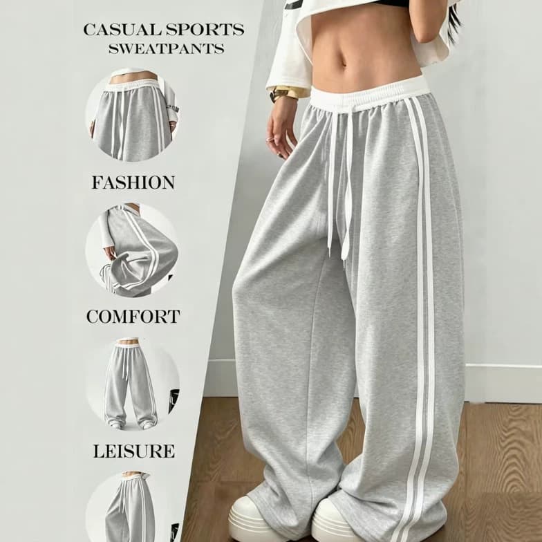 Wholesale Korean version solid color sweatpants black Korean version retro stitching contrasting color 2-bar casual sweatpants for women spring autumn winter