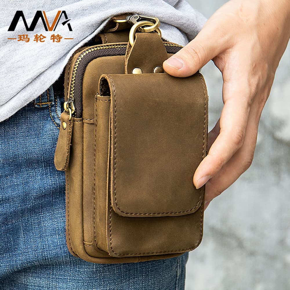 Men's Genuine Leather Phone Waist Bag Belt Mounted Multifunctional Tool Pouch For Construction Site Use