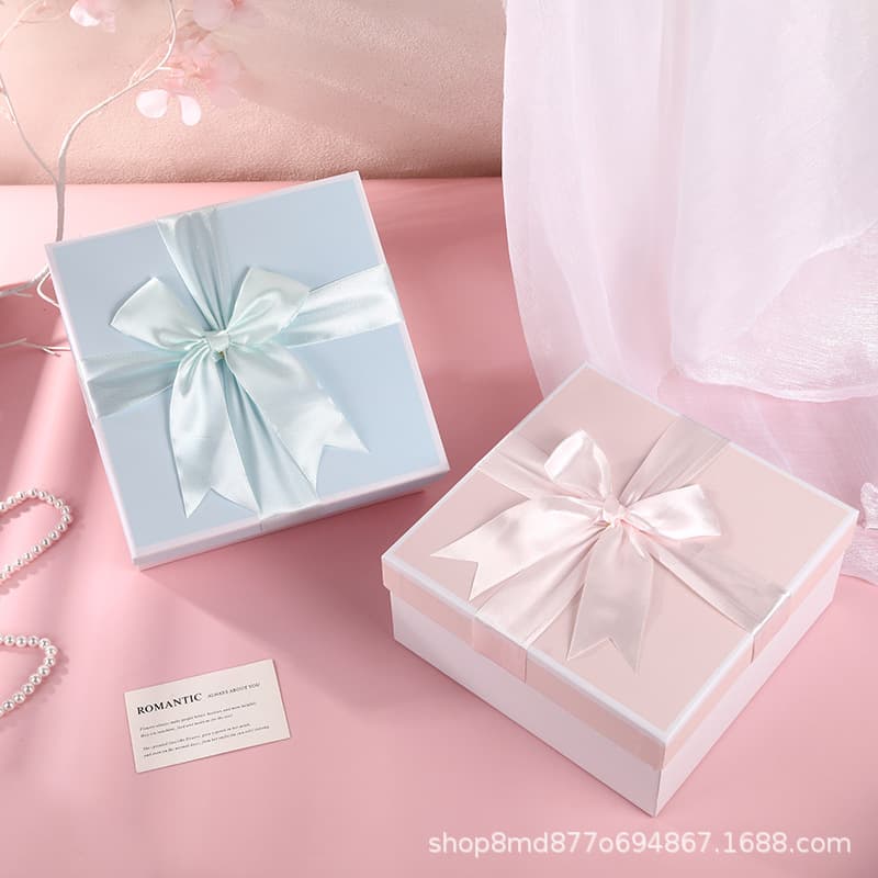 In stock square bow gift box with lid and base, suitable for skincare products, lipstick gift packaging, empty box for gifting