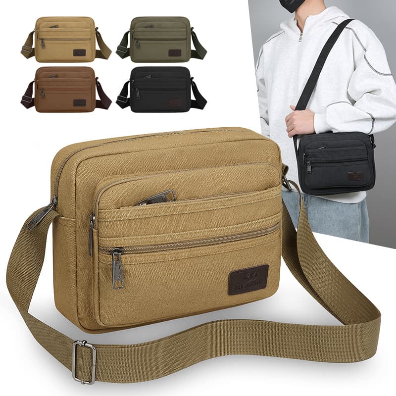 Thickened Canvas Men's Crossbody Bag Daily Wallet with Multiple Zippers Versatile Business Premium Durable Shoulder Bag
