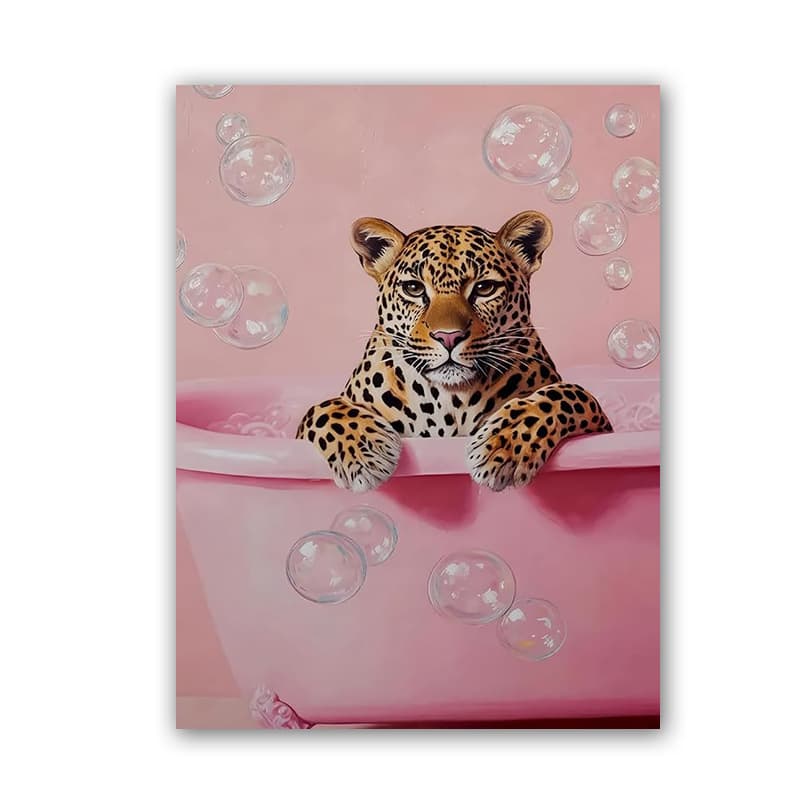 Fun Cheetah Bathroom Wall Art Pink Leopard Bathtub Decoration Painting Cute Animal Bathroom Poster Canvas Print
