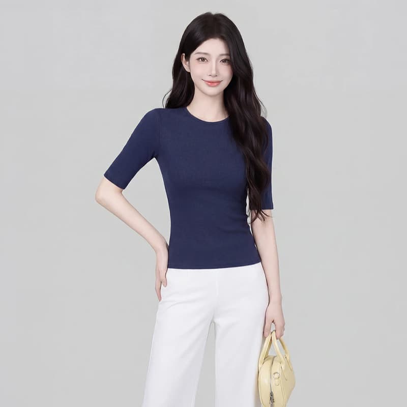 Basic Solid Color Medium Sleeve T-Shirt for Women, Spring/Summer Inner Layer or Outer Wear, Slim Fit, Flattering, Regular Shoulder, Crew Neck, Comfortable Base Top