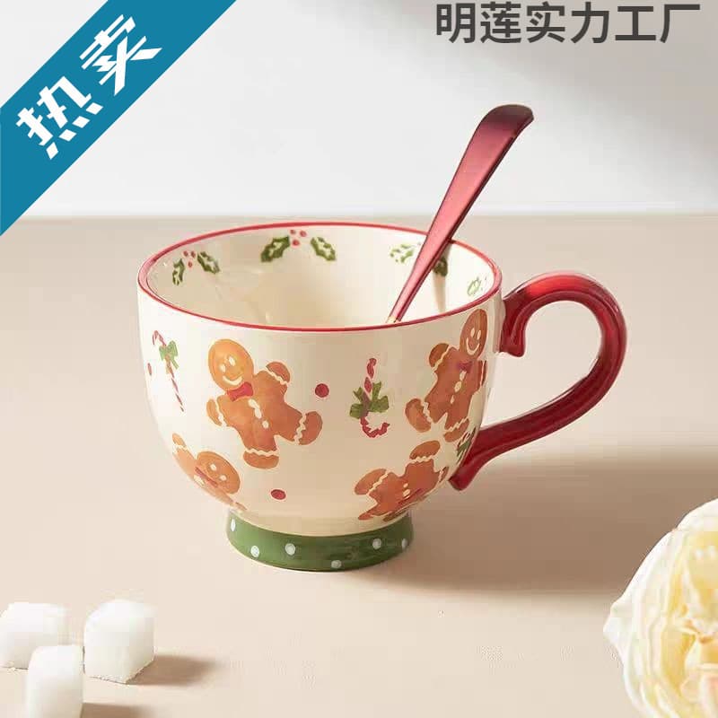 Korean-Style Breakfast Cereal Bowl Christmas Cup Gingerbread Man Mug Ins with Handle Large Capacity Household Ceramic Cup