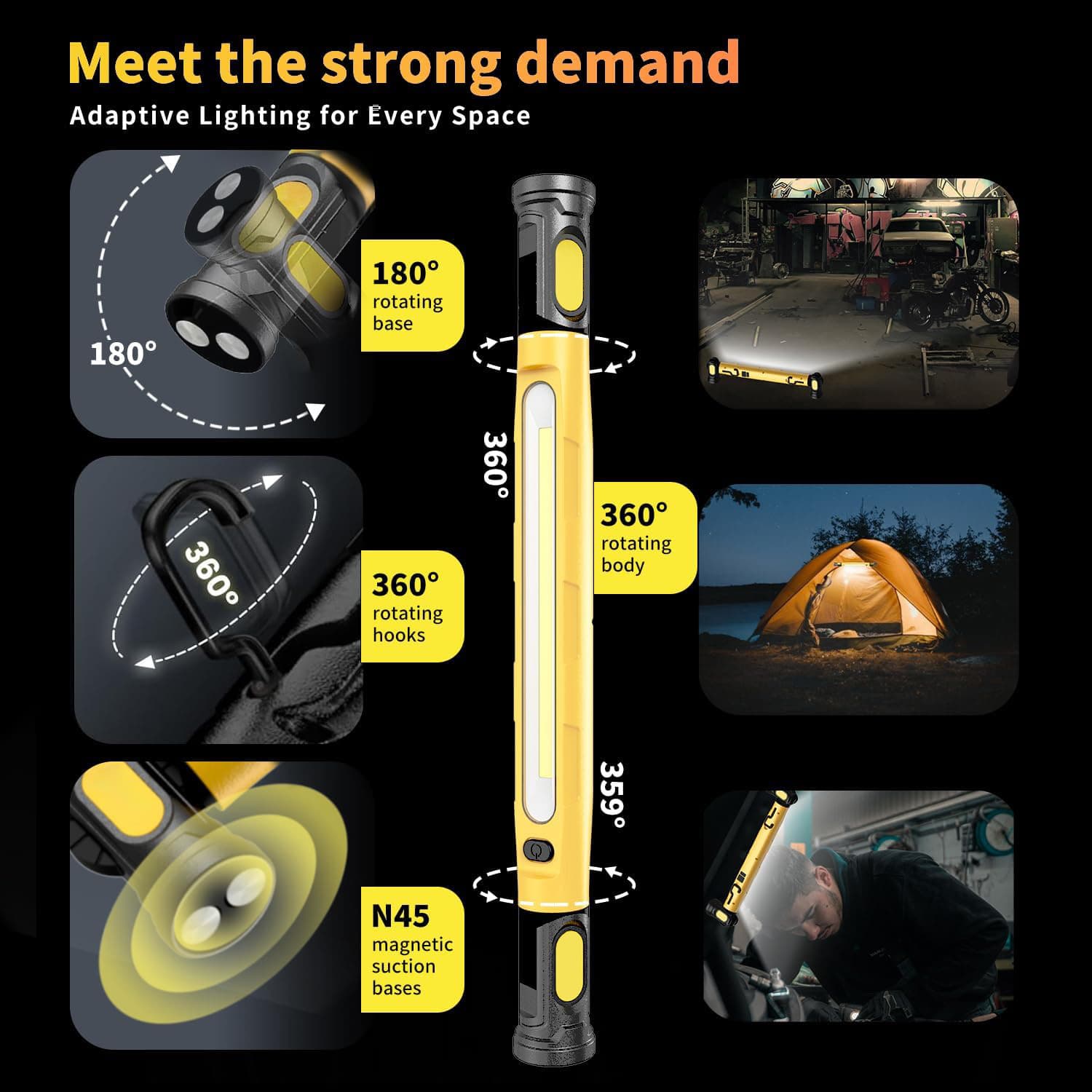 Cross-border New Magnetic COB Work Light USB Rechargeable Multi-functional High Brightness Magnetic Hook Long Car Repair Light