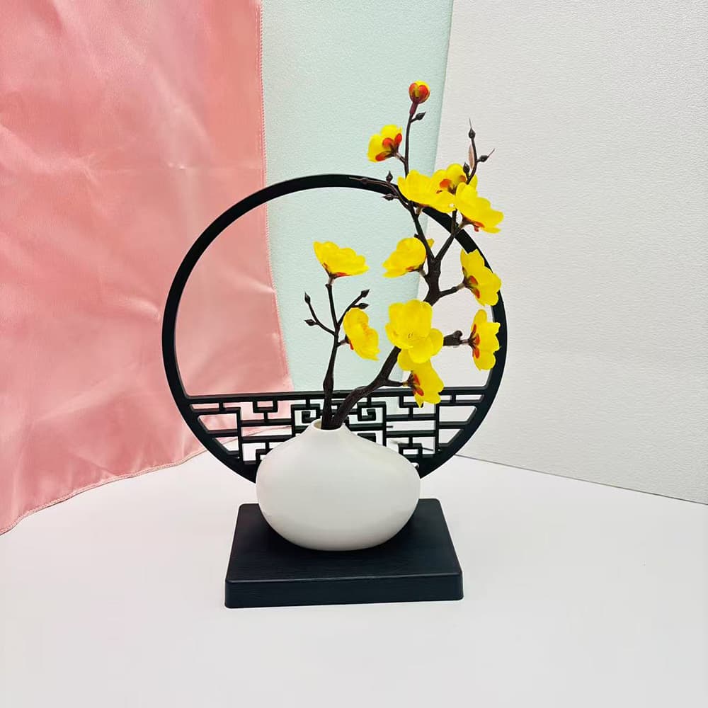 New Chinese Classical Black Screen with Nordic Mini Plastic Vase, Creative Courtyard Entryway Potted Decor
