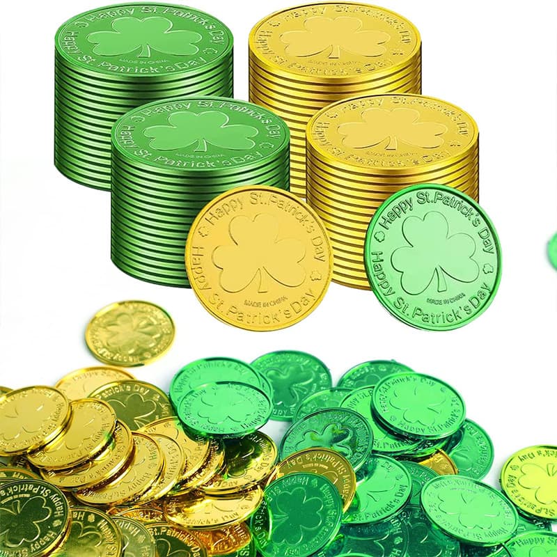 Irish Shamrock Plastic Gold Coins St. Patrick's Day Gold Green Electroplated Coins Currency Gold Coin Props
