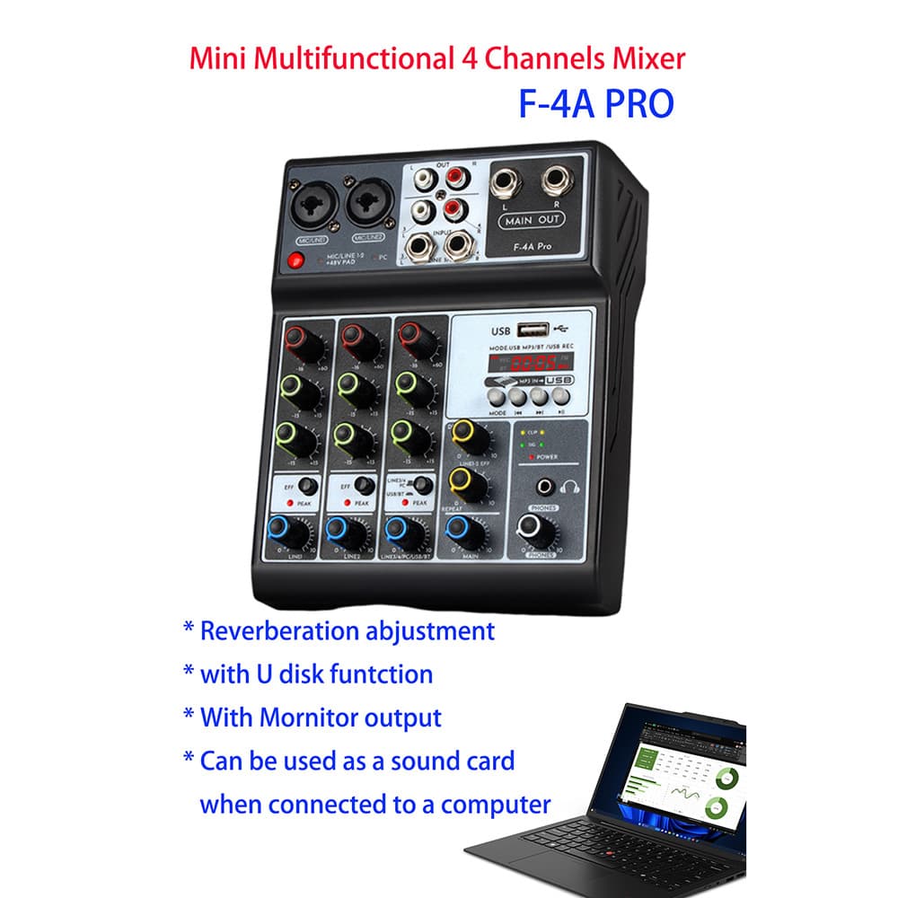Cross-Border Mini 4-Channel Mixer USB Bluetooth Computer Recording Studio DJ Mixer Sound Card Portable