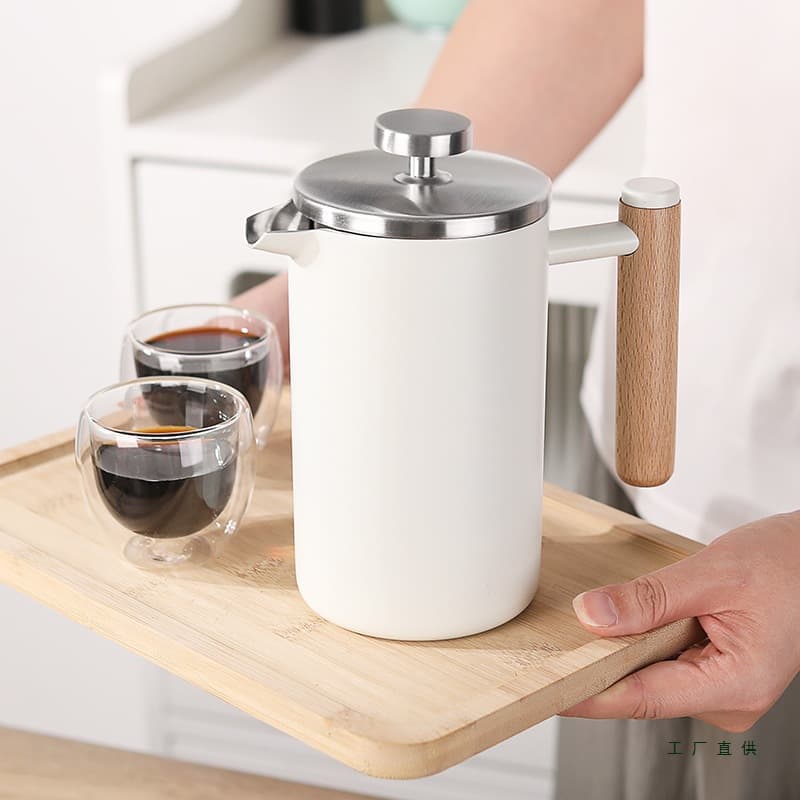 Nordic Style 304 Stainless Steel French Press with Wood Handle, Hand Drip Filter Press Tea Pot, Double-Layer Insulated Coffee Tool with Minor Flaws