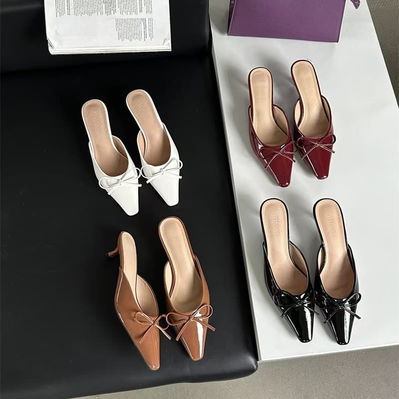 2024 Summer New Bow Medium Thin Heel Mule Shoes Closed Toe Half Slippers for Women Large Size High Heel Sandals Slippers