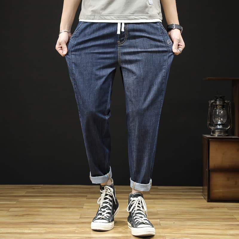 2023 Spring Elastic Jeans Men's Small Foot Trendy Pants Korean Style Nine-Point Pants Loose Large Size Mercerized Cotton Harem Pants