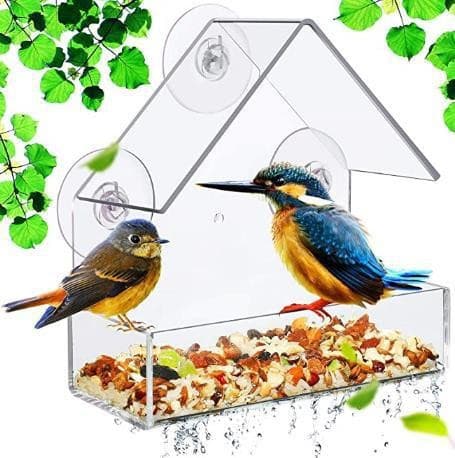 Acrylic Bird Feeder Transparent Window Hanging Bird Seed House with Suction Cup for Garden Outdoor