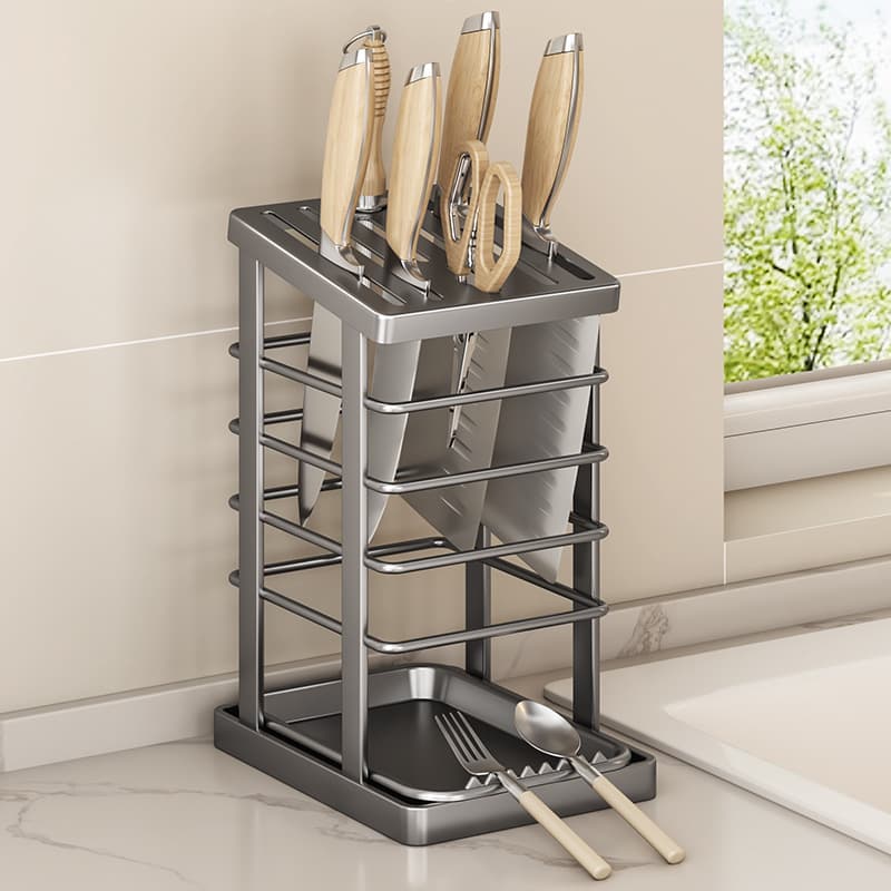 Cross-border stainless steel knife holder, household kitchen countertop knife and cleaver rack with drain tray, knife block drop shipping.