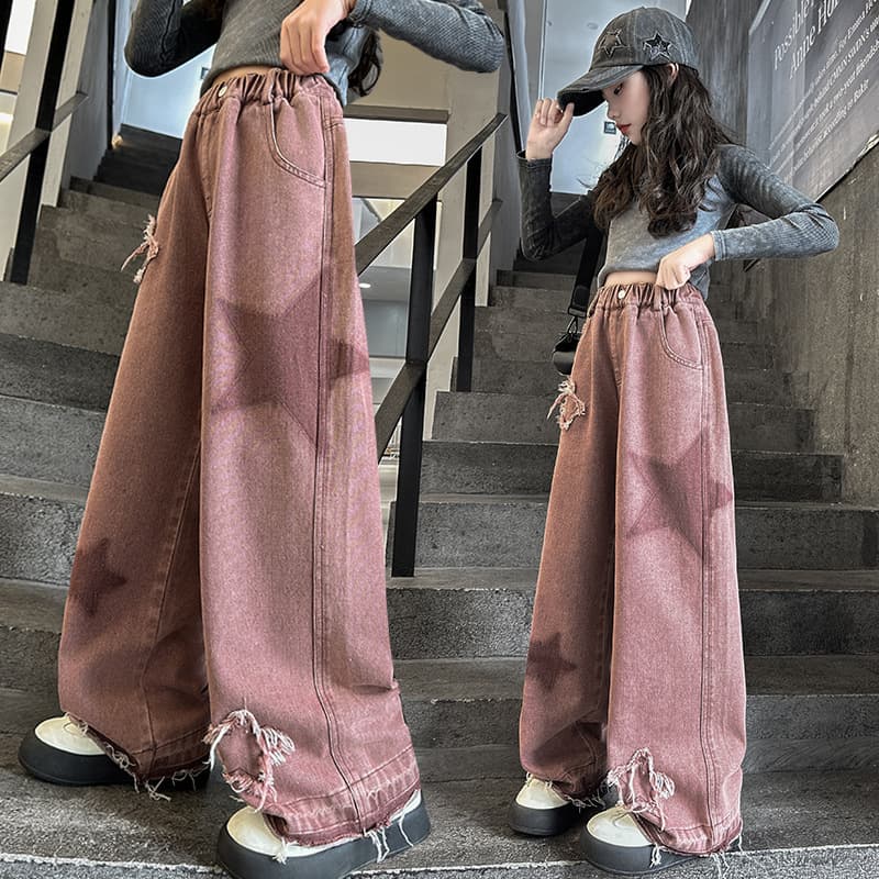 Girls jeans 2024 new Korean style denim straight pants for big children autumn patch five-pointed star loose mopping