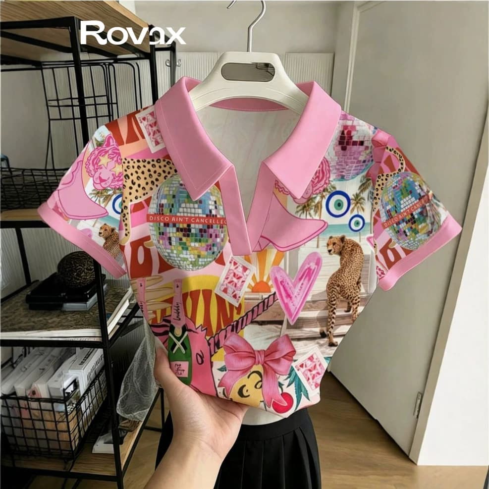 Y2K Millennium Pink Dopamine Turn-down Collar Disco Leopard Print All-over Slim Fit Short V-neck T-shirt for Women
