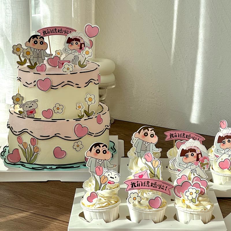 Valentine's Day internet celebrity Crayon Shin-chan wedding engagement cake dessert table suit wedding dress baking decoration insert