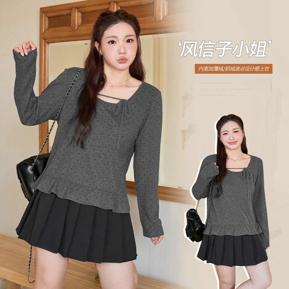 Korean Style Velvet Color-block Polka Dot Ruffle Tie T-shirt, Plus Size Women's Clothing Slimming Top 66102