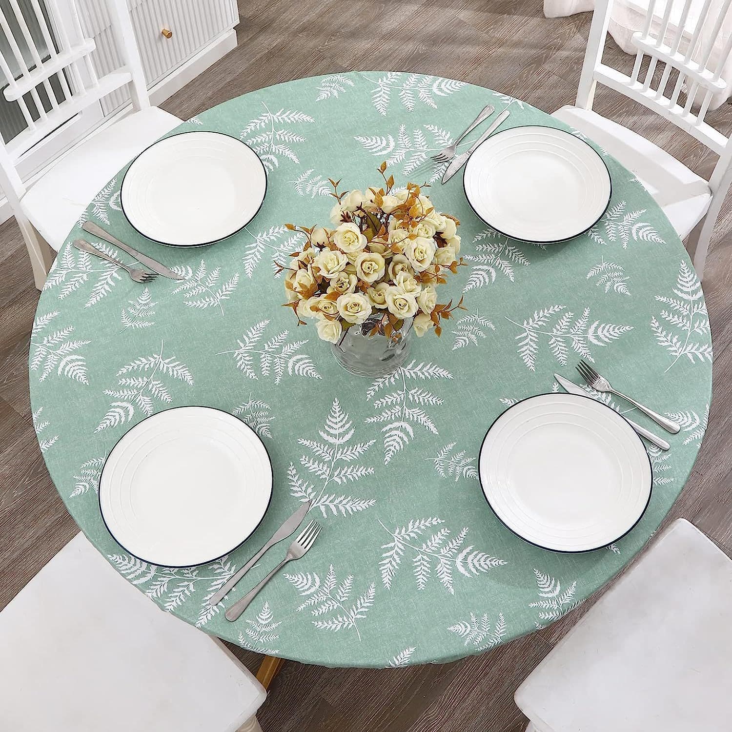 PVC flannel backing elastic table cover, Nordic style printed green-leaf table cover