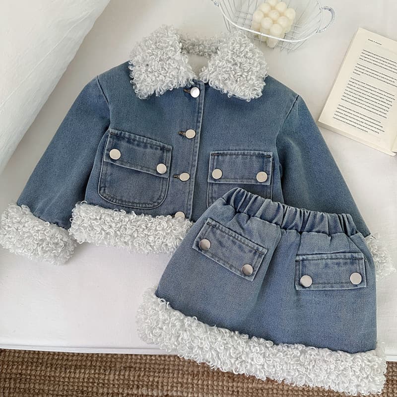 Girls' winter denim suit skirt plus velvet 2026 new style children's thickened warm jacket skirt two-piece set
