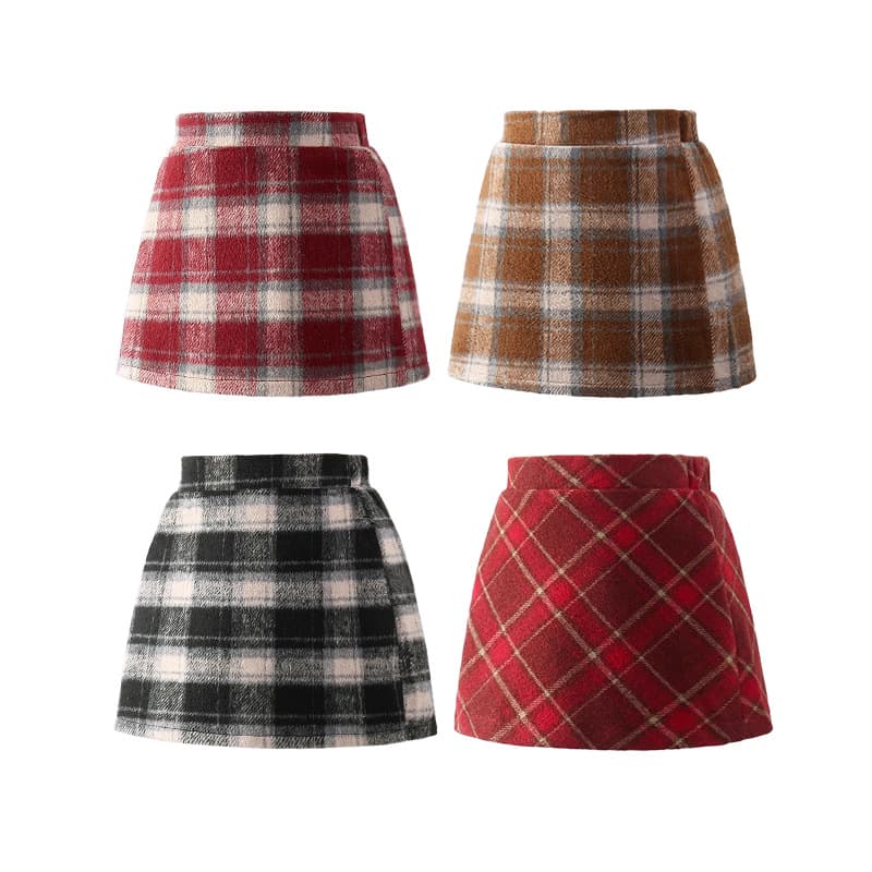 New spring, autumn, winter girls' red wool blend half skirt French high-waist slimming stylish versatile children's A-line short skirt