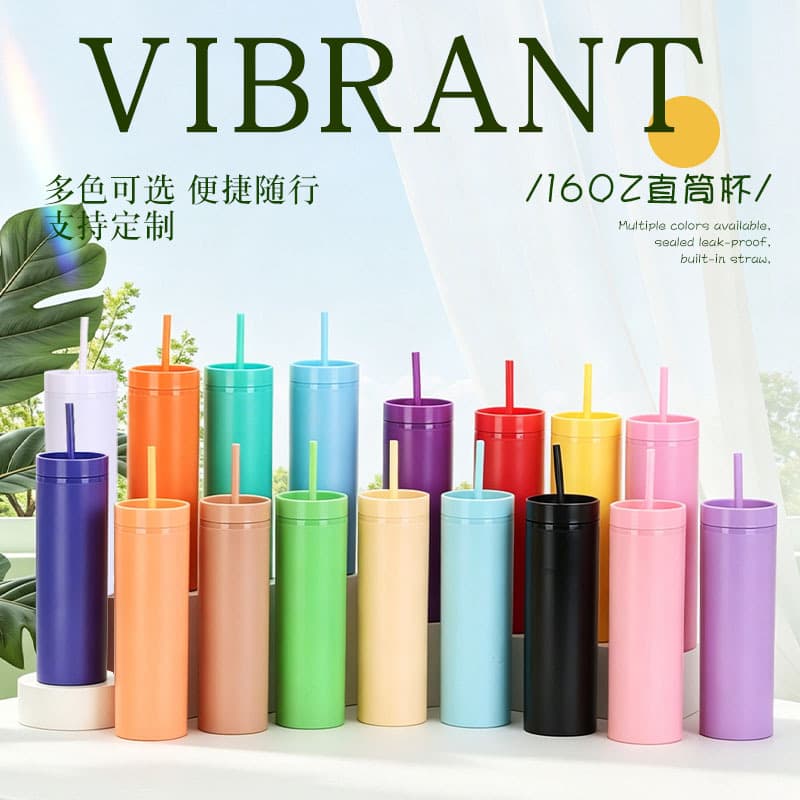 Cross-border new double-layer plastic straw cup frosted feel 16oz straight cup large capacity cold drink cup wholesale