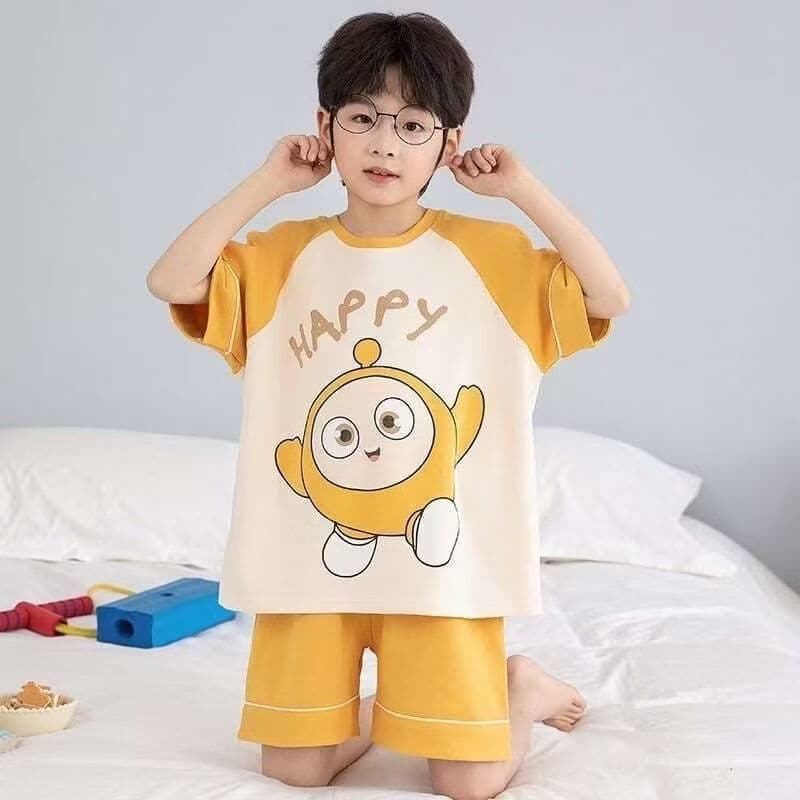 Boys' Summer Cotton Thin Short Sleeve Pajama Set for Teens Youth Homewear