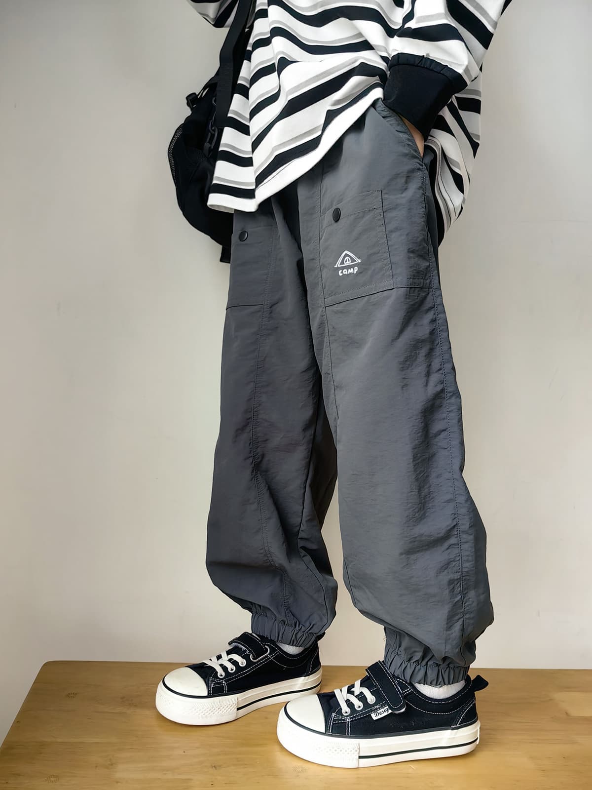 CF 2026 Children's Water-Resistant Gray Tent Embroidered Pants, Quick-Dry Sports Pants for Boys and Girls
