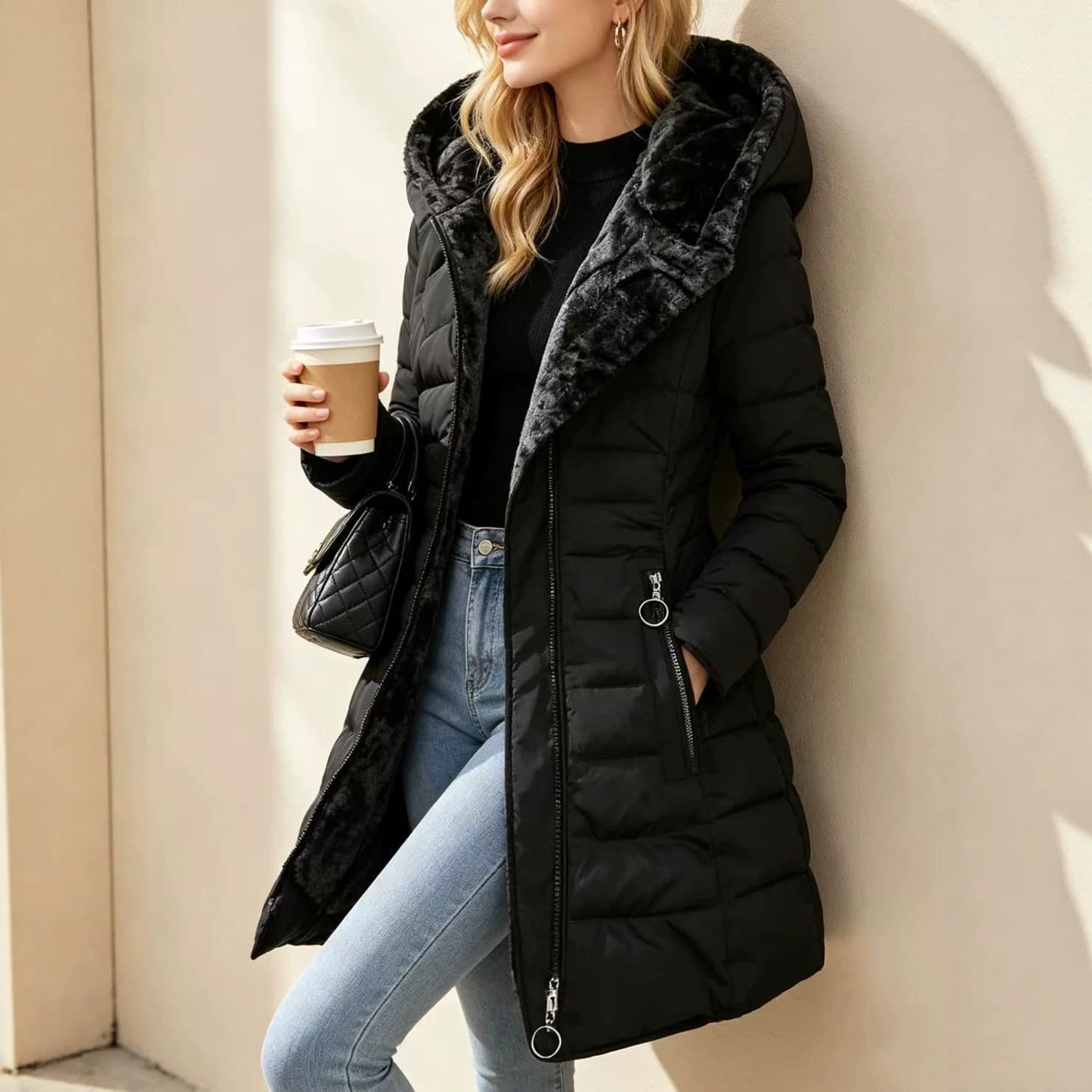 TEMU cross-border European and American autumn and winter women's cold-proof jacket waist slim hooded fashion mid-length cotton coat for women