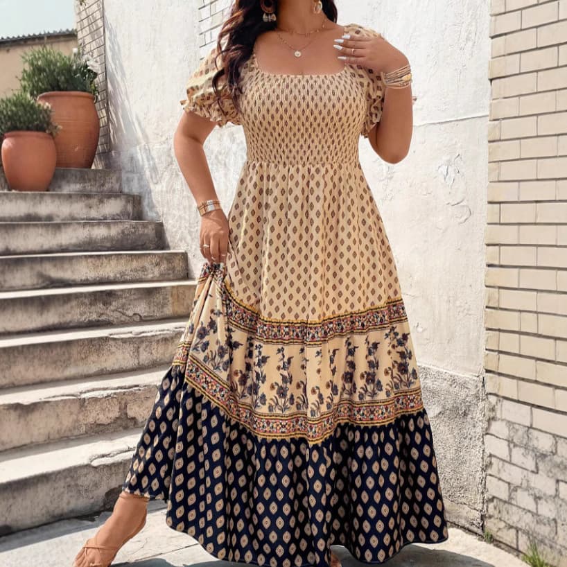 Plus Size Bohemian Print Short Sleeve Dress Large Size Polyester Fiber Printed Pattern Women's Clothing Short Dresses