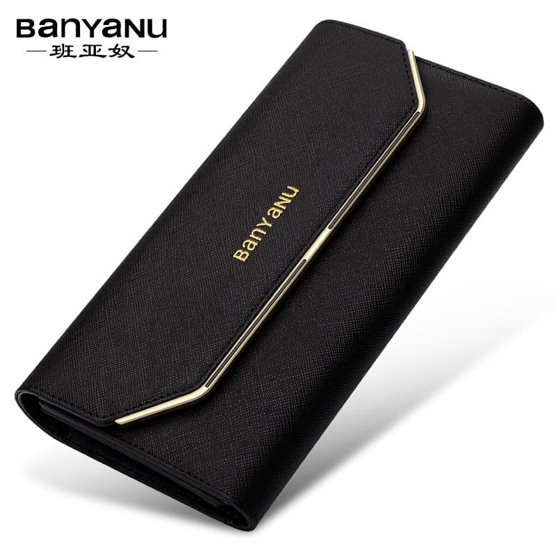 Guangzhou Banyanu Leather Factory Women's Wallet Long Style Tri-Fold Simple Fashion Genuine Leather Women's Slim Wallet