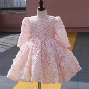 Children's Princess Dress Pink Long Sleeve Floral 2026 Model Girls Tutu Skirt Birthday Banquet Piano Performance Costume