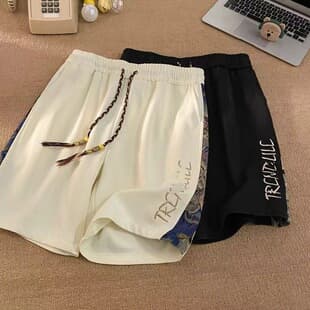 Patchwork Bear Ice Silk Cropped Pants Men Summer High Street Over-Knee Cargo Shorts Streetwear Loose Straight Six-Point Pants