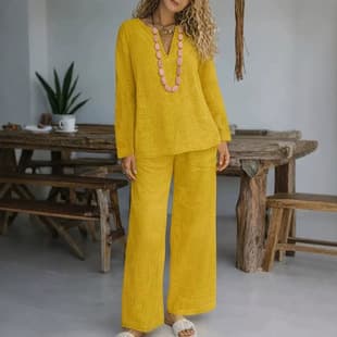 1. Bohemian Yellow Floral Print Two-Piece Set for Women: V-Neck Long Sleeve Top, High-Waist Wide-Leg Pants, Relaxed Vacation Style