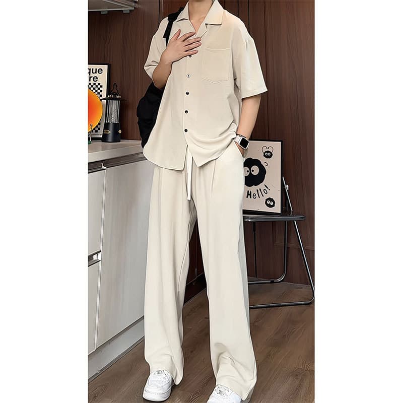 Old Money Style Imitation Linen Long Pants Suit for Men, Summer Thin Breathable Lyocell Tencel Short-Sleeve Shirt Set